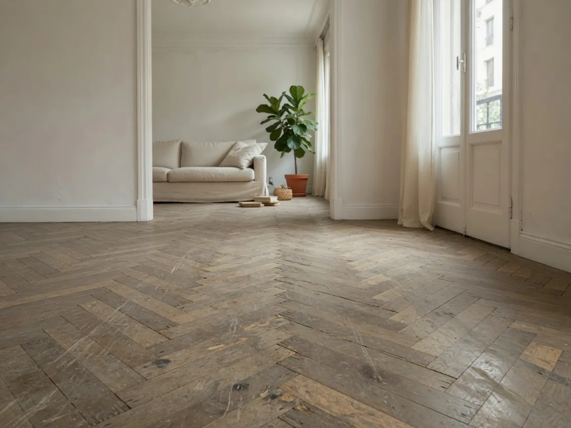 Parquet de roble en espiga desgastado, con barniz apagado, arañazos y juntas visibles.