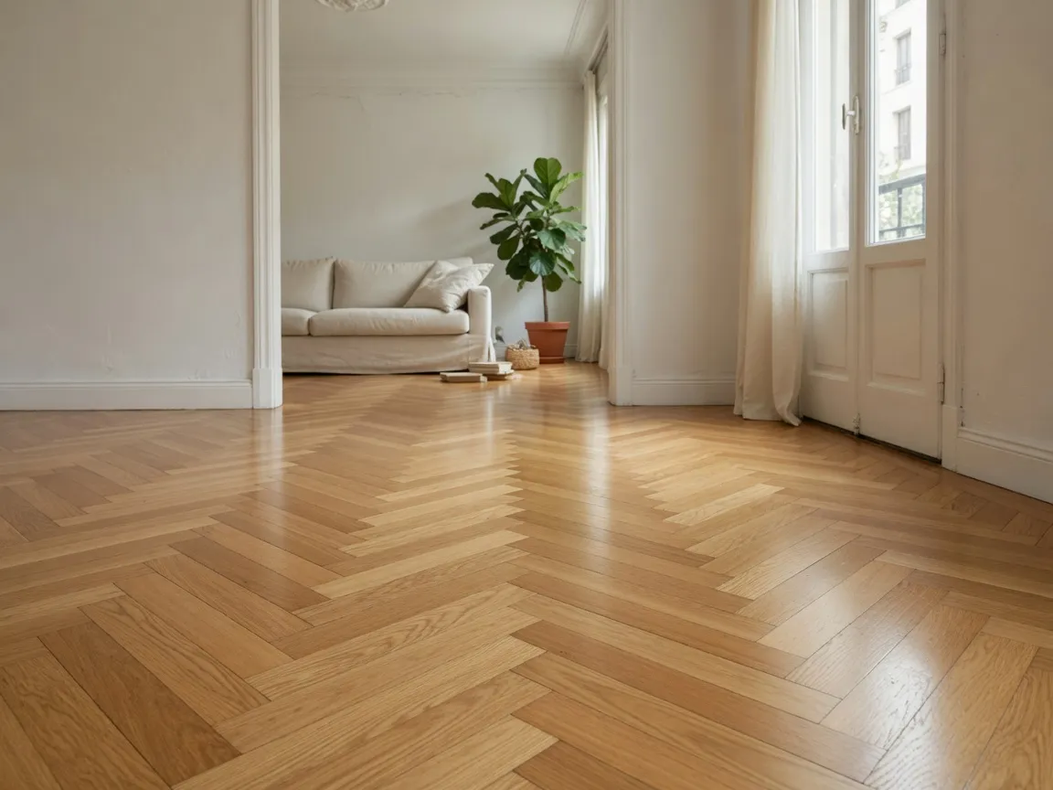 El mismo parquet de roble en espiga tras acuchillar y barnizar, con color uniforme y acabado satinado.